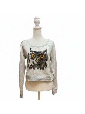 Express Owl Sequin Cropped Sweatshirt Gray Pullover Size Small
